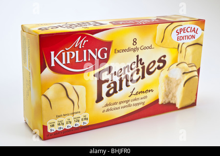 Schachtel mit 8 Herr Kipling Zitrone Französisch Phantasien Schwamm Kuchen mit Vanille topping Stockfoto