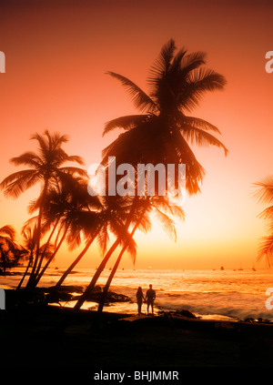 Bei Sonnenuntergang auf Big Island von Hawaii paar steht unter Silhouette Palmen auf Kona Coast Stockfoto