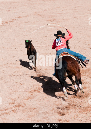 Eine Cowgirl konkurriert in der abtrünnigen Abseilen Veranstaltung während der O' odham Tash All-indischen rodeo Stockfoto