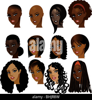 Vektor-Illustration von schwarzen Frauen Gesichter. Ideal für Avatare, Make-up, Hauttöne oder Frisuren der afrikanischen Frauen. Stockfoto