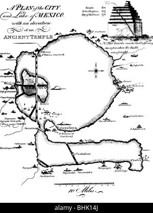 Geographie/Reise, Mexiko, Mexiko-Stadt, Stadtansichten/Stadtansichten, ein Plan der Stadt und des Sees Mexiko mit einer Erhebung eines antiken Tempels, von der Eroberung Mexikos, London, 1908, Stockfoto