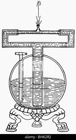 Held von Alexandria, 1. Jahrhundert v. Chr., griechische Wissenschaftler (Physiker und Mathematikerin), Brunnen, Rekonstruktion, Holzgravur, 19. Jahrhundert, Stockfoto