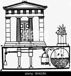 Held von Alexandria, 1. Jahrhundert v. Chr., griechische Wissenschaftler (Physiker und Mathematikerin), Mechanismus zum Öffnen von Tempeltüren, Rekonstruktion, Holzgravur, 19. Jahrhundert, Stockfoto