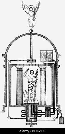 Held von Alexandria, 1. Jahrhundert v. Chr., griechische Wissenschaftler (Physiker und Mathematikerin), automatisches Theater, Rekonstruktion, Holzgravur, 19. Jahrhundert, Stockfoto