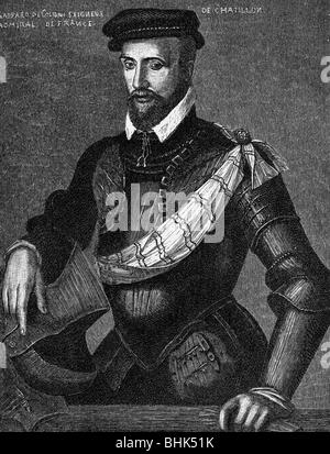 Coligny, Gaspard II. De, Herr von Chatillion, 16.2.1519 - 24.8.1572, französischer Politiker, Admiral von Frankreich 1552 - 1572, halbe Länge, Holzgravur, 19. Jahrhundert, Stockfoto