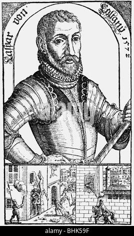 Coligny, Gaspard II. de, Herr von Chatillion, 16.2.1519 - 24.8.1572, französischer Politiker, Admiral von Frankreich 1552 - 1572, halbe Länge, unten: Tod im Tag Massaker der St. Bartolomew, Kupferstich, 16. Jahrhundert, Artist's Urheberrecht nicht geklärt zu werden. Stockfoto