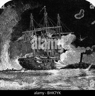 Geografie/Reisen, USA, amerikanischer Bürgerkrieg 1861 - 1865, Schlacht von Forts Jackson und St. Philip, Louisiana, 18.- 28.4.1862, CSS 'Manassas' rammt die USS 'Brooklyn', 24.4.1862, Holzgravur, 19. Jahrhundert, Stockfoto