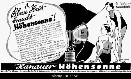 Werbung, Kosmetik, Sonnenlampe, Quarzlampen GmbH, Hanau, Anzeige, "Atlantis", Dezember 1936, Stockfoto