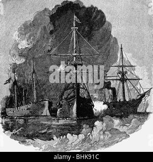 Geografie/Reisen, USA, amerikanischer Bürgerkrieg 1861 - 1865, Schlacht von Forts Jackson und St. Philip, Louisiana, 18.- 28.4.1862, Durchbruch der USS "Iroquis", 24.4.1862, Holzgravur, 19. Jahrhundert, Stockfoto