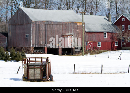 Ein Winter-Bauernhof-Szene. Ein alte landwirtschaftliche Anhänger im Schnee bedeckt Feld mit einem Haus und zwei angehängten Scheunen. Stockfoto