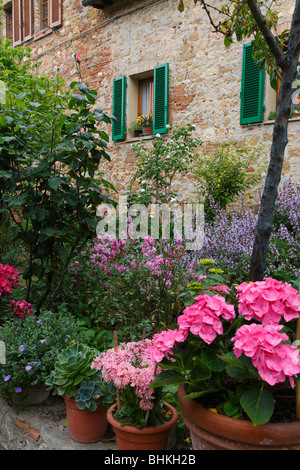 Italien Toskana Pienza Terrasse Garten und Frühling Blumen Stockfoto