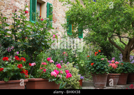 Italien Toskana Pienza Garten Patio & Blumen Stockfoto