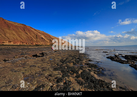 Filey Brigg natürlichen Felsvorsprung vom Strand, Filey, North Yorkshire, England, UK. Stockfoto