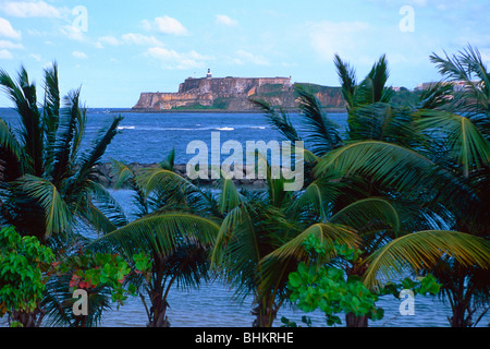 Bucht von San Juan Blick über Palmen, Puerto Rico Stockfoto