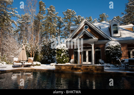 Pool Haus und Pool mit Decke des Schnees morgen nach ungewöhnlichen südlichen Klima Winter Schneesturm Südosten USA, Atlanta Georgia. Stockfoto