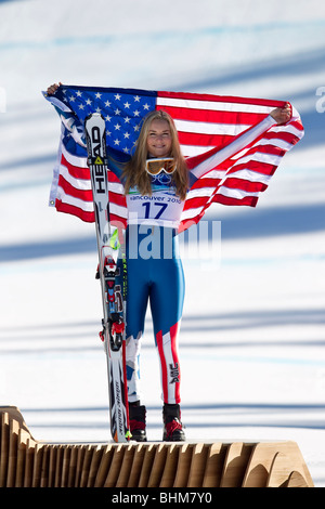 Lindsey Vonn (USA), Bronzemedaillen-Gewinner bei den Olympischen Winterspiele 2010, Vancouver in die Frauen alpinen Skifahren Super G, Stockfoto