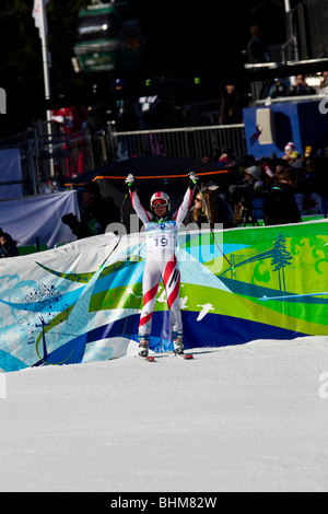 Andrea Fischbacher (AUT), Gewinner der Goldmedaille im Wettbewerb bei 2010 Olympischen Winter-Spiele in der Frauen alpinen Skifahren Super G Stockfoto