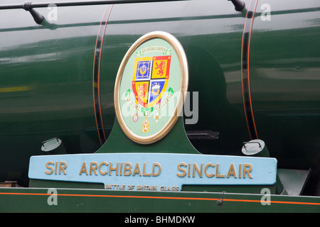 Typenschild auf "Sir Archibald Sinclair" Dampflokomotive, Bluebell Railway, East Sussex Stockfoto