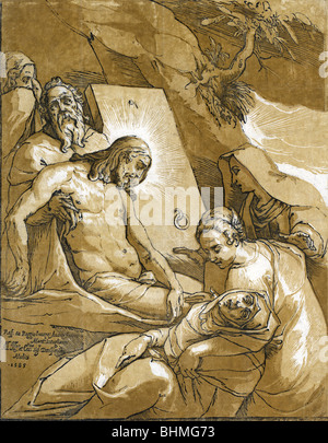 Historischen Holzschnittdruck veröffentlichte 1585 zeigt die Grablegung Jesu Christi. Stockfoto