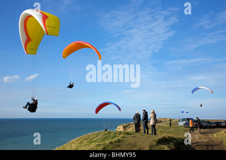 Gleitschirmflieger über Klippen am Cap Gris Nez, Côte d ' Opale, Frankreich Stockfoto