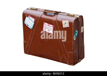Weit gereiste Alter Leder Koffer mit Visummarken Stockfoto