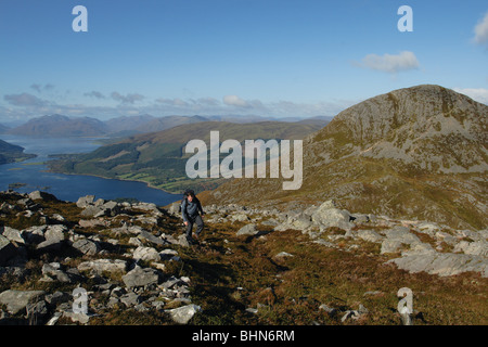 Ein Spaziergänger nähert sich des Gipfels des Sgorr Nam Fiannaidh, ein Munro auf Aonach Eagach über Glencoe West Highlands Schottland Stockfoto