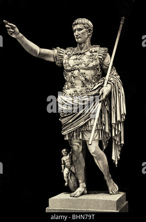 Augustus (Imperator Cäsar A.), 23.9.63 v. Chr. - 19.8.14 Ad, römischer Kaiser, 13.1.27 v. Chr. - 19.8.14 n. Chr., volle Länge, Panzerstatue aus der Villa von Livia in Primaporta, Holzgravur, 19. Jahrhundert, Museo Vaticano, Rom, Stockfoto