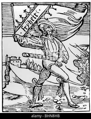 Ereignisse, Deutscher Bauernkrieg 1524 - 1526, Farbträger des Bauernheeres, Fahne mit dem Slogan "Freiheit", zeitgenössischer Holzschnitt, Stockfoto