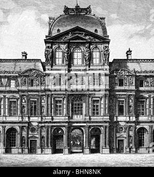 Geographie/Reise, Frankreich, Paris, Louvre, Uhrenpavillon, Holzgravur, 19. Jahrhundert, historisch, historisch, Pavillons, Schloss, Burgen, Gebäude, Gebäude, Architektur, Detail, Stockfoto