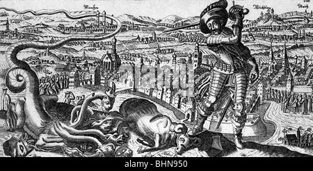 Ereignisse, Dreißigjähriger Krieg 1618 - 1648, schwedische Intervention 1630 - 1635, Regenschlacht, 14./15.4.1632, Allegorie, Protestantischer Flugblatt, 1632, Sieg, König Gustavus Adolphus od Schweden, Niederlage, Kaiserliche Armee, Johann Tsaerclaes Graf Tilly, katholiken, Drache, Nürnberg, München, Bayern, Religionskriege, Flysheet, Deutschland, 17. Jahrhundert, historisch, historisch, historisch, historisch, historisch, historisch, historisch, historisch, Menschen, Stockfoto