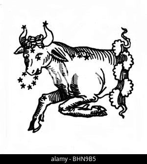 Astrologie, Tierkreis, Sternzeichen: Stier, Stier, Mythologisches Bild, 15. Jahrhundert, historisch, historisch, Clipping, herausgeschnitten, herausgeschnitten, Aussparungen, Mittelalter, Stockfoto