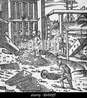 Bergbau, Erzdressing / Metallverarbeitung, Stempelmühle, Holzschnitt aus "de re metallica", Georgius Agricola (geboren Georg Bauer, 1494 - 1555), 1556, Stockfoto