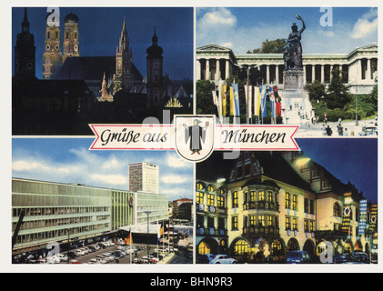 Geographie/Reise, Deutschland, München, Postkarte mit Sehenswürdigkeiten: Liebfrauenkirche, Bayern, Hauptbahnhof, Am Platzl, 1960er, 20. Jahrhundert, historisch, 1960er, 60er, 60er Jahre, Grüße aus München, Mitteleuropa, Oberbayern, Platz, Plätze, Gebäude, Sehenswürdigkeiten, Sehenswürdigkeiten, Tourismus, Souvenir, Hofbraeuhaus, Hofbräuhaus, Hofbräuhaus, Brauhaus, Brauhaus, Brauhaus Stockfoto