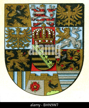 Heraldik, Wappen, Deutschland, Königtum Sachsen, 1889, Chromolithograph, um die Jahre 1890s, 19. Jahrhundert, historisch, Haus Wettin, sächsische Dynastie, Meissen, Thüringen, pfalz, Sachsen, Pleissen, Vogtland, Orlamünde, Landsberg, Lausitz, Oberlausitz, Eisenberg, Altenberg, Henneberg, Blazon, Schild, Krone, Adler, Adler, Tier Stockfoto