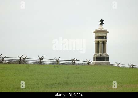 Bild einer Landschaft Schlachtfeld bei Gettysburg PA mit einem Denkmal der 73. und 74. New York Infanterie und einen Zaun. Stockfoto