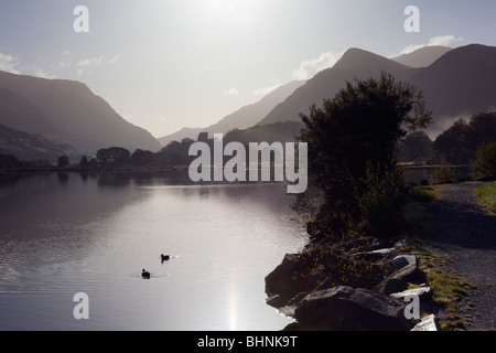 Blick entlang Llyn Padarn See in Richtung Llanberis Pass in die Berge von Snowdonia-Nationalpark. Llanberis, Gwynedd, Nordwales, UK. Stockfoto