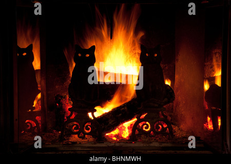 Leuchtend orangefarbenen und gelben Flammen hinter silhouetted schwarze Katze Abbildung Gusseisen feuerbocke am Kamin Kamin, grosse Feuer leuchtet durch die Augen der Katzen Stockfoto