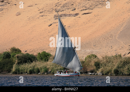 Feluke Segeln entlang dem Westufer des Nil in Assuan, Ägypten Stockfoto