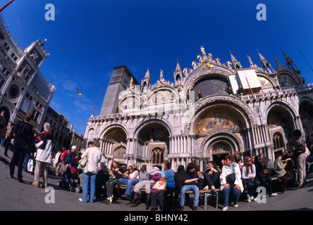 Venedig, März 2008 - Fisheye Blick auf Touristen sitzen vor St. Markus Basilika während einer Möwe fliegt durch. Stockfoto