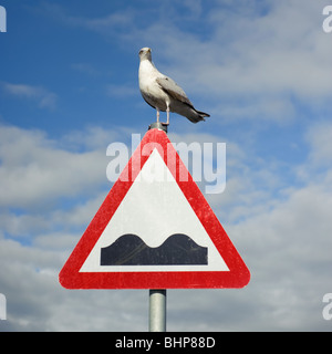 Möwe stehend auf dreieckigen Straße Höcker Warnschild, UK Stockfoto