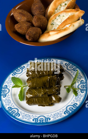 Gefüllte Weinblätter, gebratene Bulgur (Kibbeh) und Käse Samosa Beirut-Libanon-Nahost Stockfoto