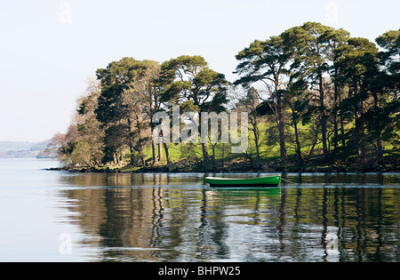 Ruderboot unter den Baum Reflexionen über Ullswater, Lake District, Cumbria, UK Stockfoto