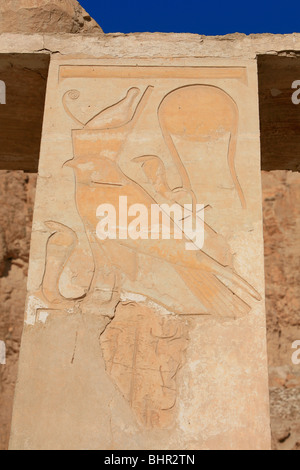 Horus auf einer Säule aus der Hathor-Kapelle der Leichenhalle Tempel der Königin Hatshepsut in Deir el-Bahri in der Nähe von Luxor, Ägypten Stockfoto