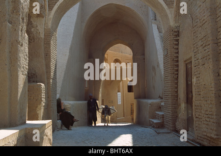 Mann mit Esel im Inneren der zerstörten Zitadelle von Arg-e Bam im Iran Stockfoto