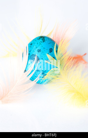 Ein Wachtelei mit Federn farbig für Ostern auf weißem Hintergrund angeordnet Stockfoto