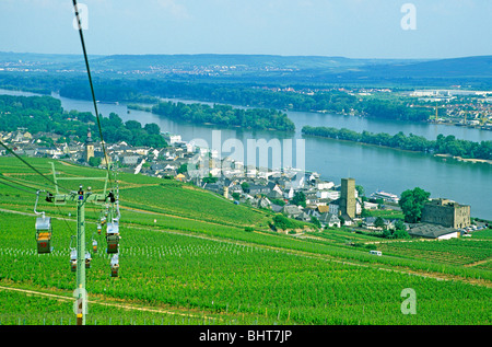 Blick auf Rüdesheim von der Seilbahn entfernt, Niewerwald Memorial, Rhein, Rheinland-Pfalz, Deutschland Stockfoto