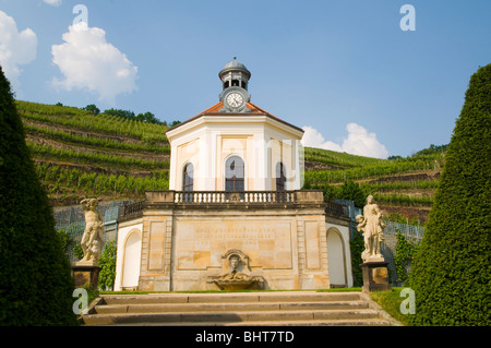 Schloss Wackerbarth, Vinothek, Garten mit Belvedere und Weinberge in Radebeul in der Nähe von Dresden, Deutschland Stockfoto