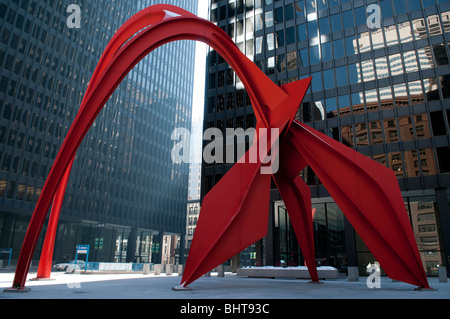 Flamingo Calders Skulptur im Federal Plaza in der Innenstadt Chicagos Loop auf Sonntag, 14. Februar 2010. Stockfoto