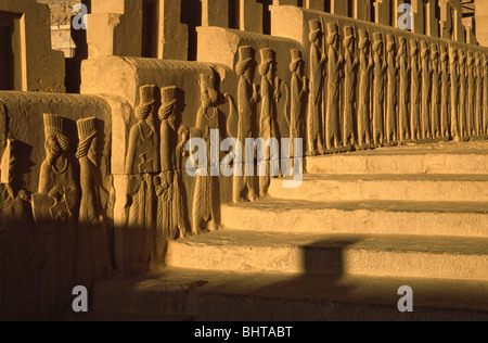 Blick auf den Sonnenuntergang der Reliefskulptur Thema Völker des achämenidischen Reiches steigen die Treppe, Persepolis, Iran Stockfoto