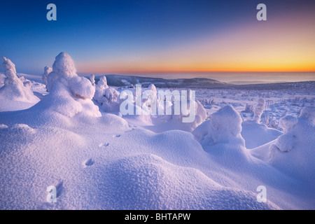 Winter Schneelandschaft kurz nach Sonnenuntergang, Riesengebirge, Polen Stockfoto